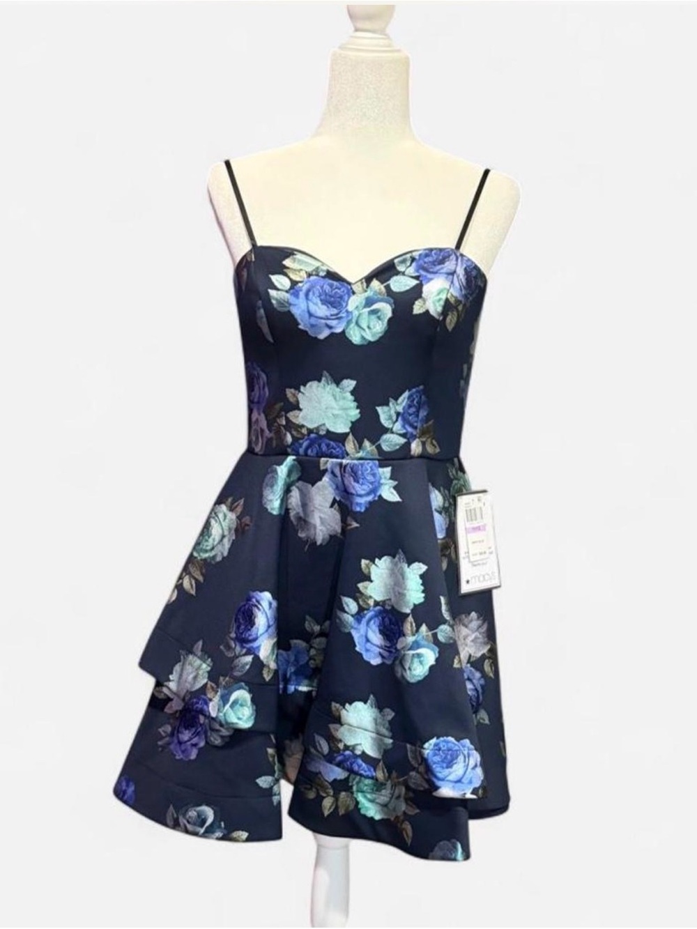 Floral A-Line Cocktail Dress with Thin Straps - Navy Blue